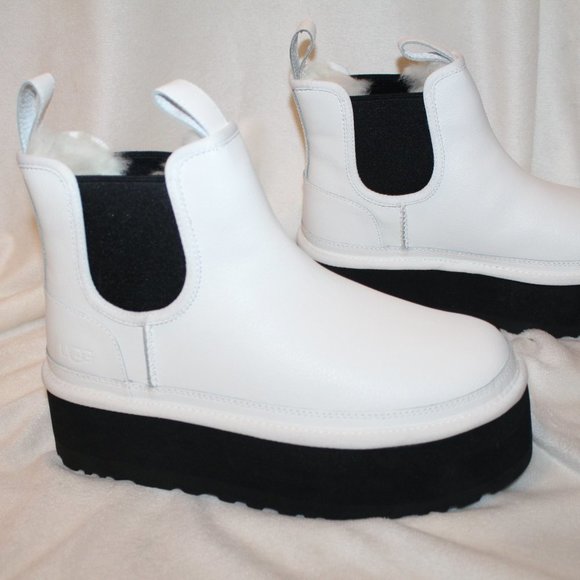 NIB UGG LEATHER NEUMEL CHELSEA PLATFORM SHORT WOMEN'S BOOTS WHITE BLACK‎ - Picture 3 of 7